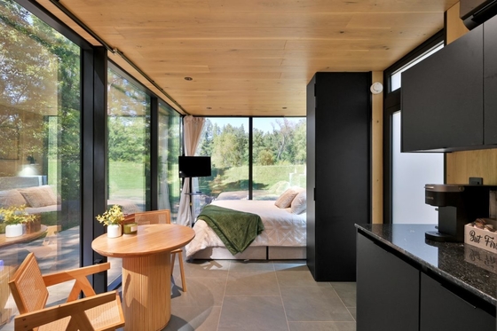 Cuadro de acero impermeable Casa de vidrio Salones de sol con vidrio transparente y puerta doble corredera