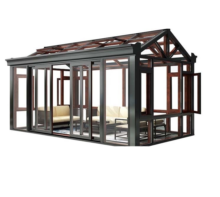 Techo de vidrio templado Jardín de invierno Sala de sol con puerta doble corredera y marco de aluminio